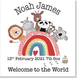 Personalised Rainbow Animals Welcome to the world square card